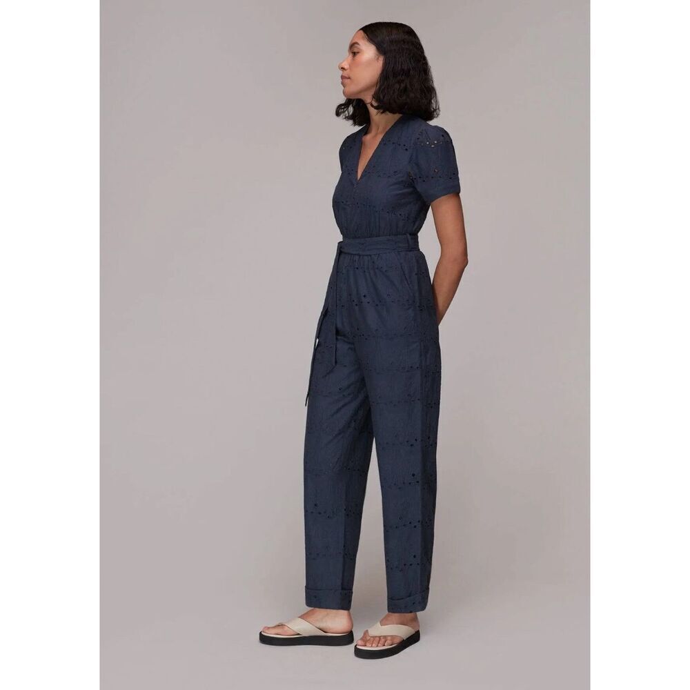 Whistles Womens Puff Sleeve Eyelet Zip Up Zoe Broderie Jumpsuit Navy Size 8 NWOT